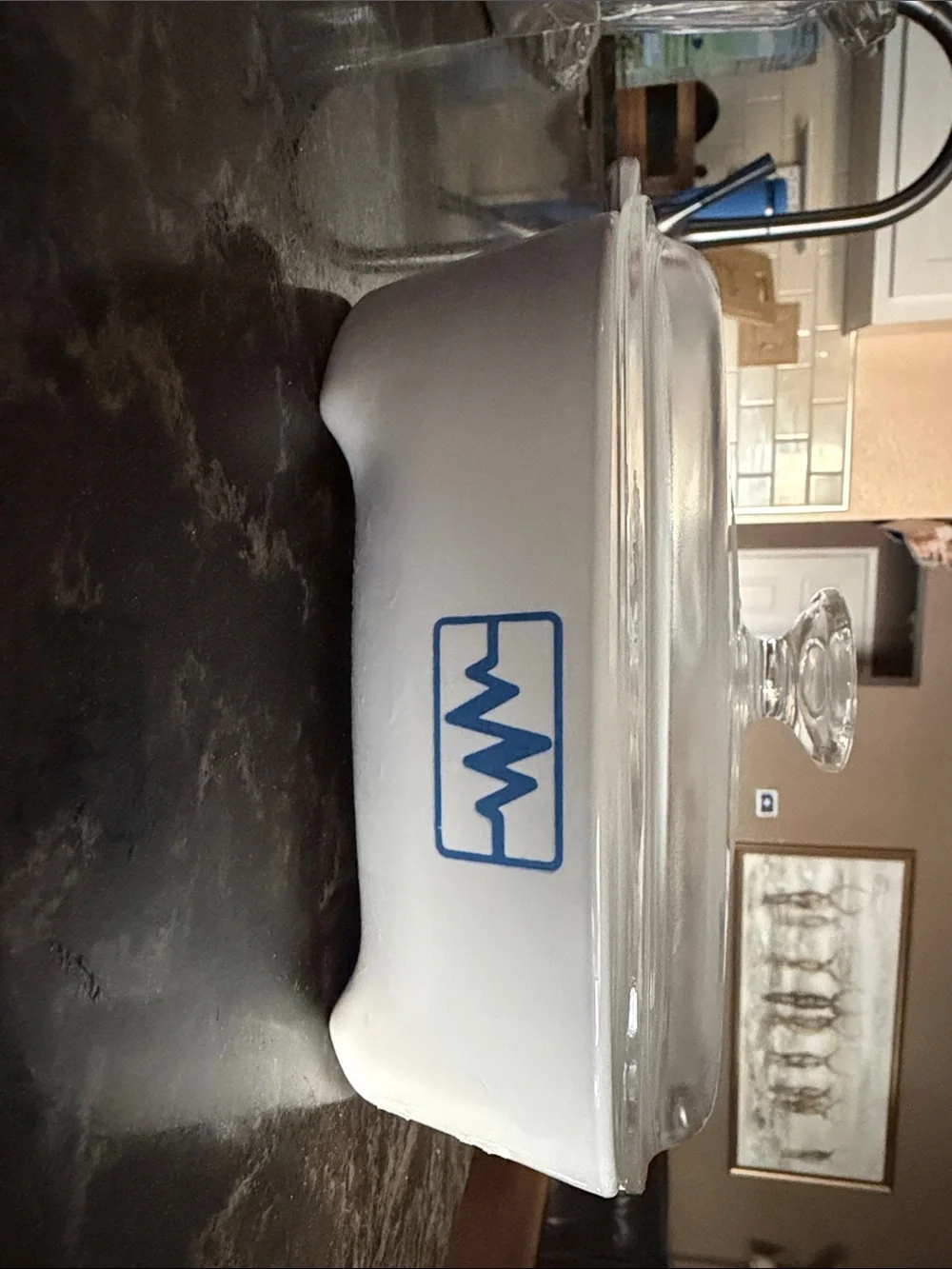 Corningware White Casserole Dish with Blue Wave Accent and Clear Glass Lid